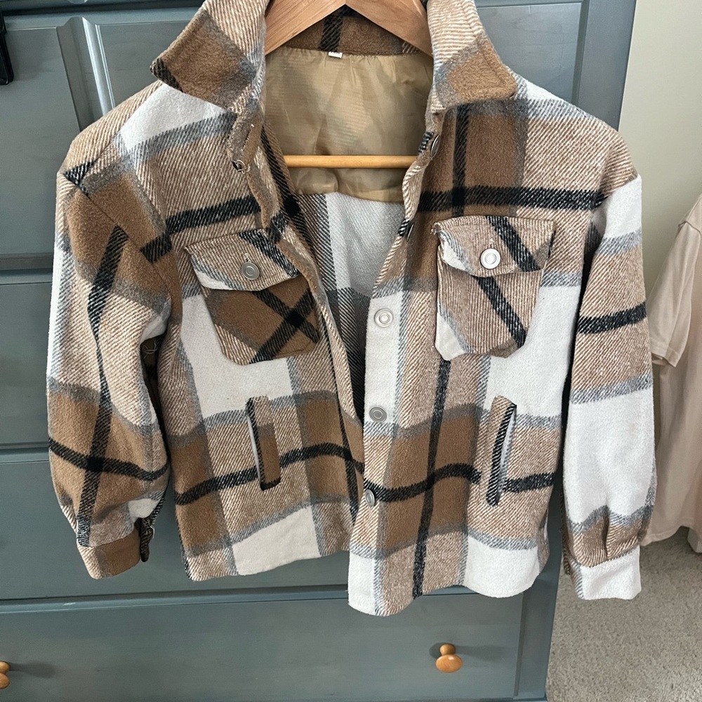 Cozy Kids Plaid Jacket - Tan and White